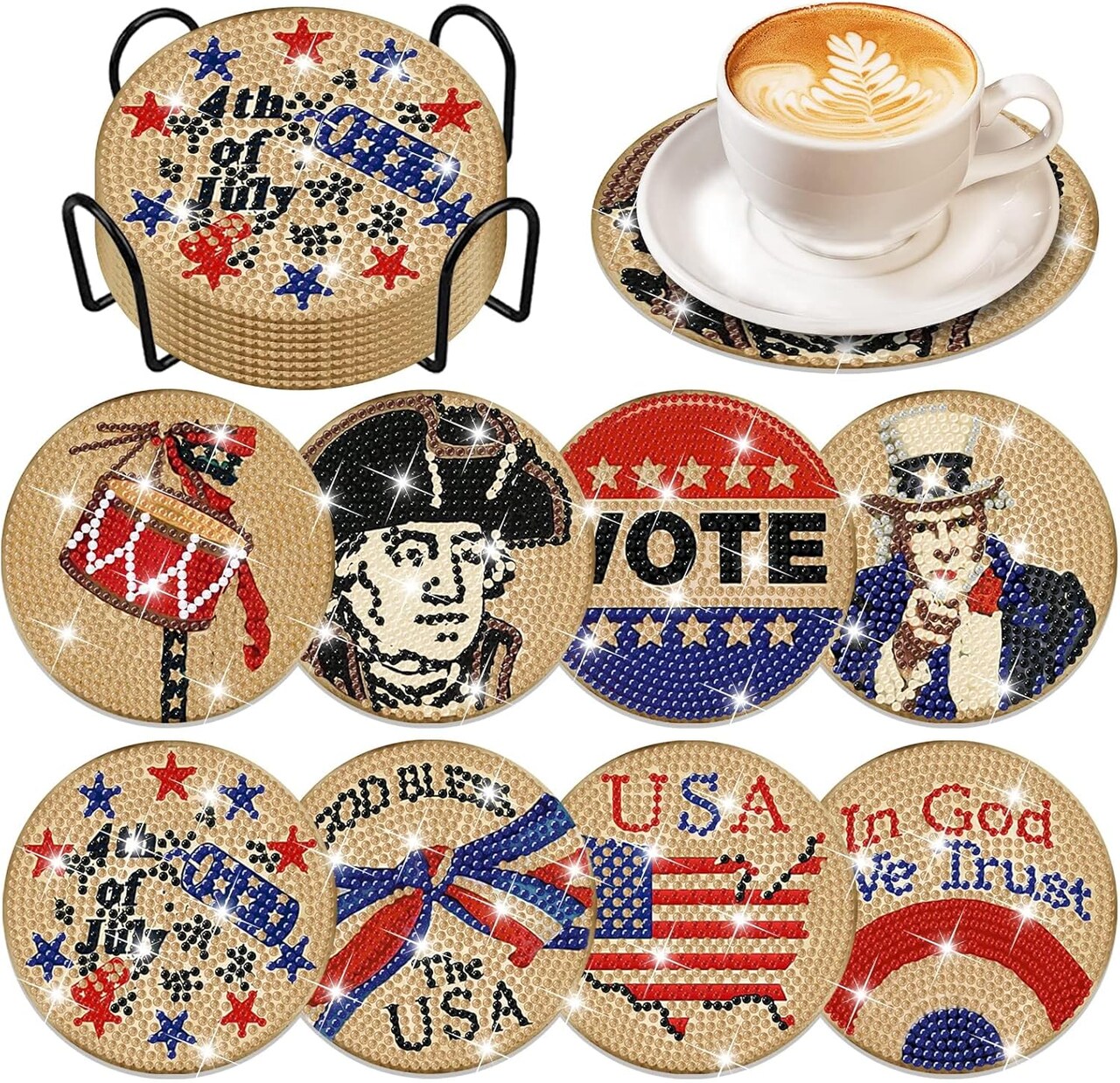 8 Pcs Patriotic 4th of July Vintage Diamond Art Coasters Kits with Holder DIY Independence Day Retro Diamond Art Coaster